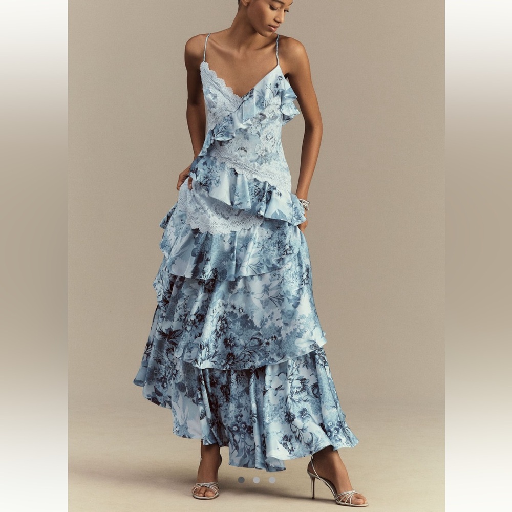 BHLDN Elora Sleeveless V-Neck Ruffle Lace Maxi Dress